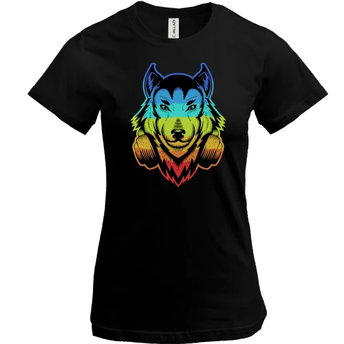 Женская футболка, Черный, Rainbow Wolf