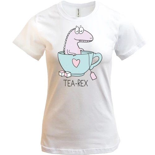 Женская футболка, Белый, с надписью "Tea Rex" и динозавром в чашке