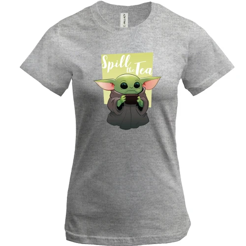 Женская футболка, Серый меланж, Baby Yoda Spill the Tea