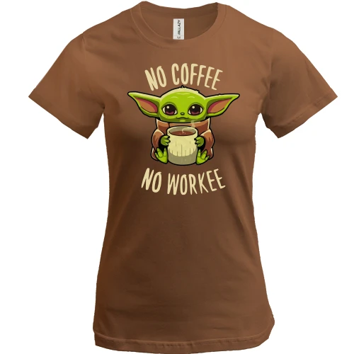 Женская футболка, бежевый, Baby Yoda No coffee No work