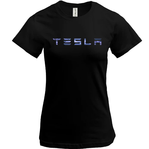 Женская футболка, Черный, с лого Tesla (молнии)