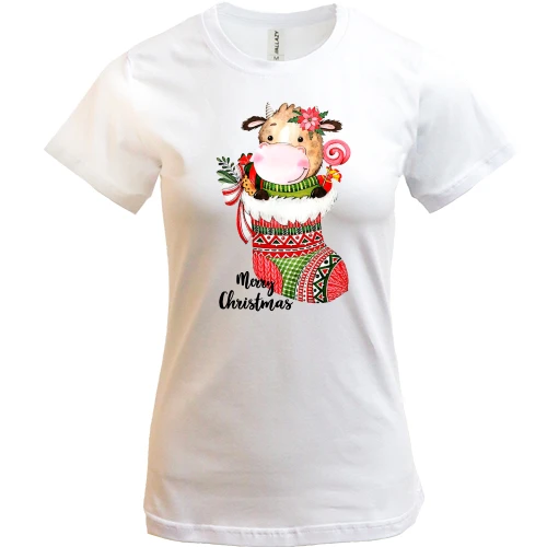 Женская футболка, Белый, с бычком Merry Christmas