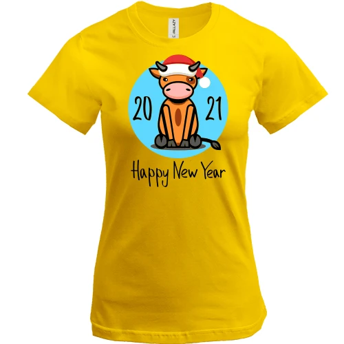Женская футболка, Желтый, с бычком Happy New Year