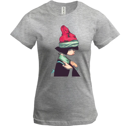 Женская футболка, Серый меланж, girl in a red hat