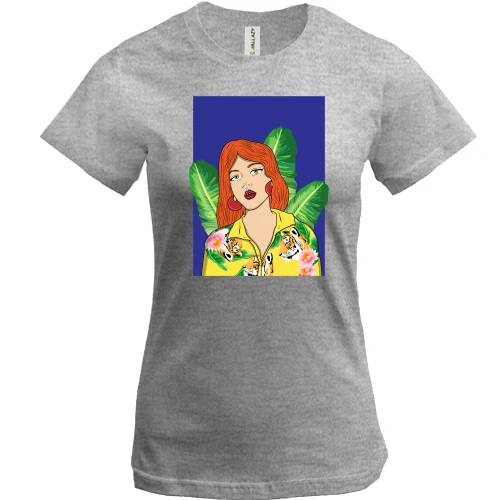 Женская футболка, Серый меланж, Redhead girl with leaves