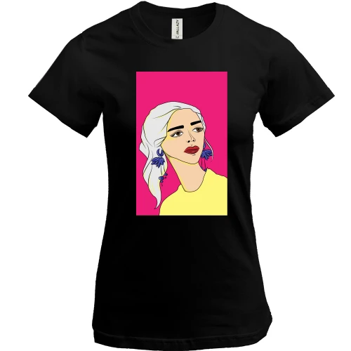 Женская футболка, Черный, Blonde on pink background