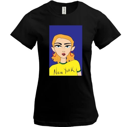 Жіноча футболка, Чорний, Blonde in a yellow t-shirt
