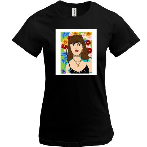 Женская футболка, Черный, Brown-haired woman in flowers