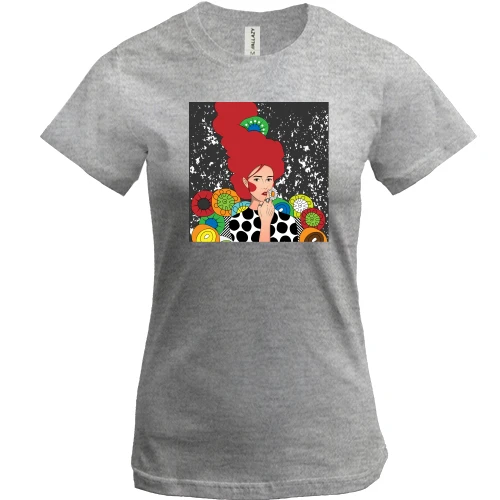 Женская футболка, Серый меланж, Redhead girl with flowers