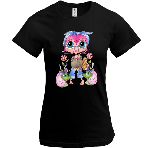 Жіноча футболка, Чорний, Girl with pink hair