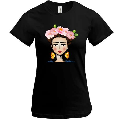 Женская футболка, Черный, Girl with pink flowers