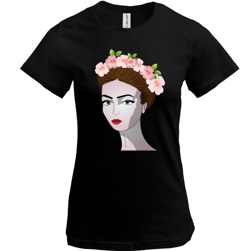 Женская футболка, Черный, Girl with pink flowers 1