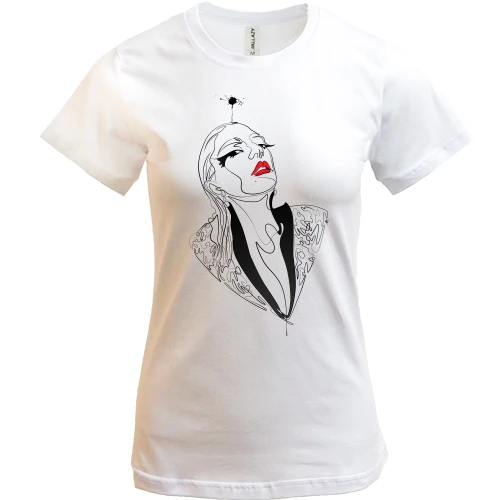Женская футболка, Белый, Girl with red lips
