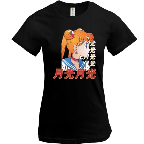 Женская футболка, Черный, Anime girl with hieroglyphs