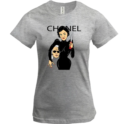 Женская футболка, Серый меланж, Chanel woman with knife
