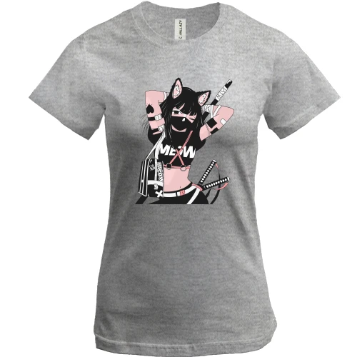 Жіноча футболка, Сірий меланж, Cat girl in black mask