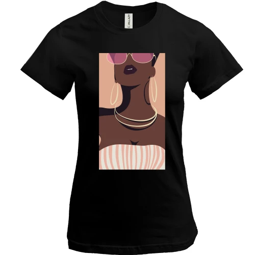 Женская футболка, Черный, Black girl with glasses