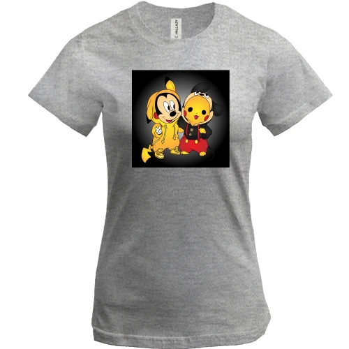 Женская футболка, Серый меланж, Mickey mouse and pikachu