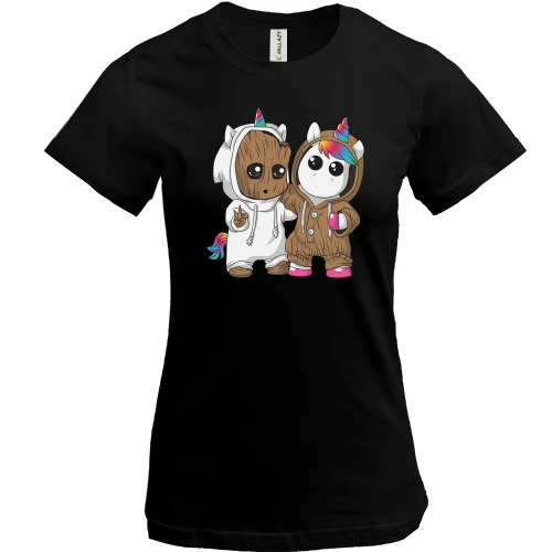 Женская футболка, Черный, Baby groot and unicorn