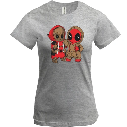 Жіноча футболка, Сірий меланж, Baby groot and deadpool