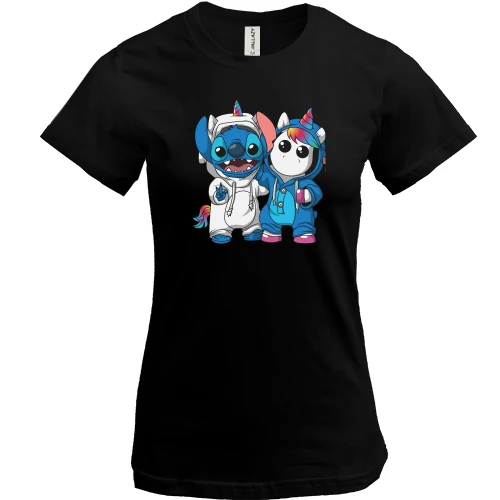 Женская футболка, Черный, Stitch and unicorn