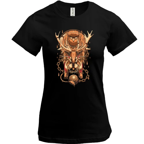 Жіноча футболка, Чорний, Owl and deer
