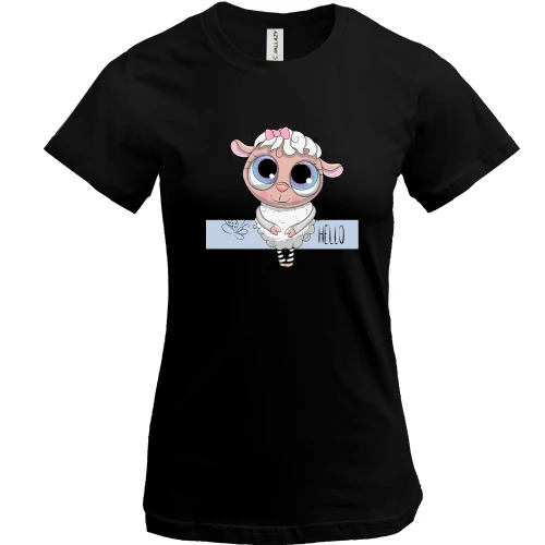 Женская футболка, Черный, Baby sheep hello