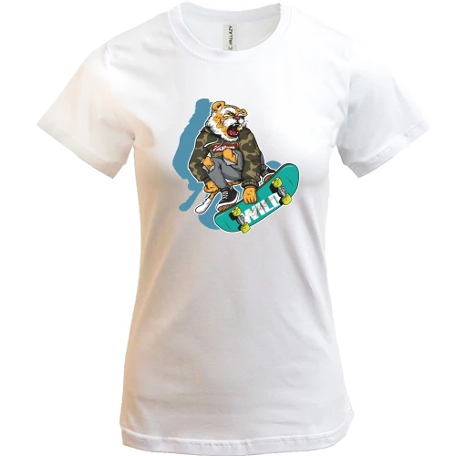 Женская футболка, Белый, Tiger on skateboard