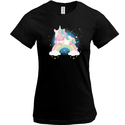 Жіноча футболка Baby unicorn on a rainbow