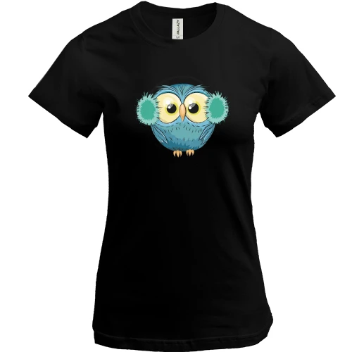 Жіноча футболка, Чорний, Owl in headphones