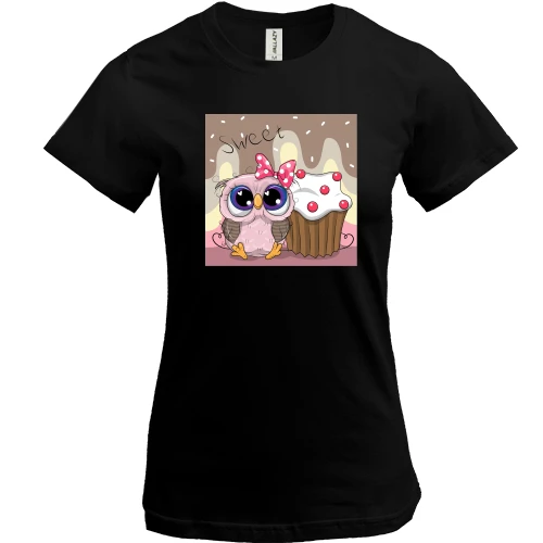 Женская футболка, Черный, Baby owl with cupcake