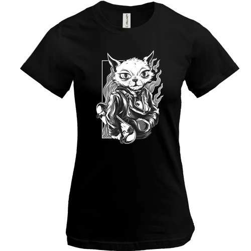 Женская футболка, Черный, Cat with skate black and white