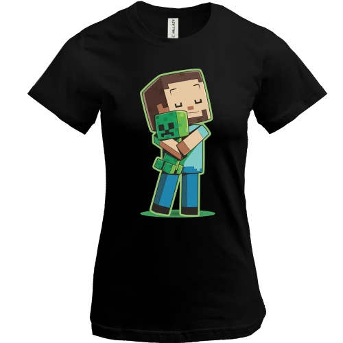 Женская футболка, Черный, Minecraft Boy with green doll