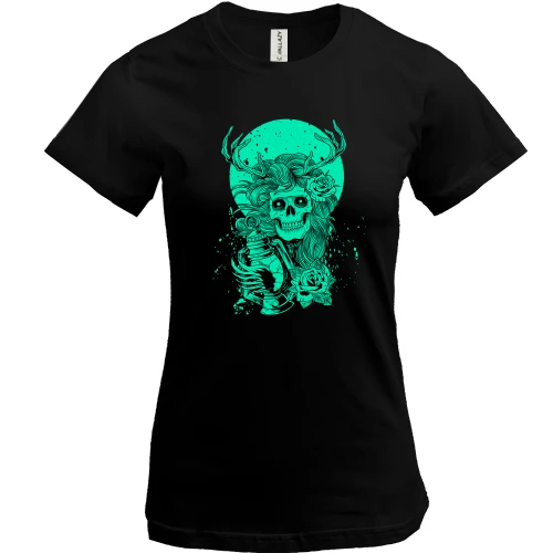 Женская футболка, Черный, Green moon and skull
