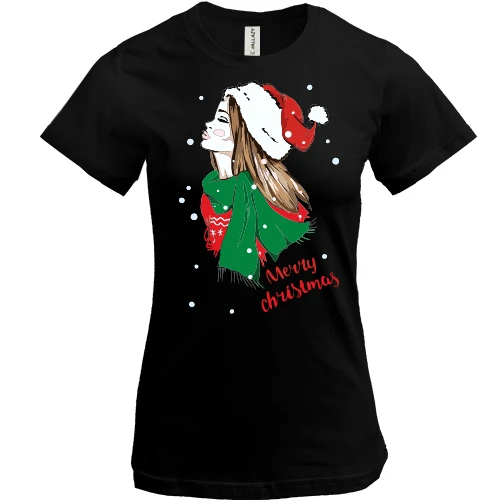 Женская футболка, Черный, с девушкой Merry Christmas