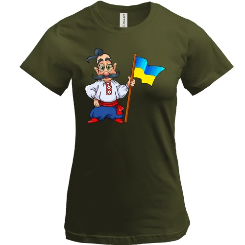 Жіноча футболка, Чорний, Козак з українським прапором