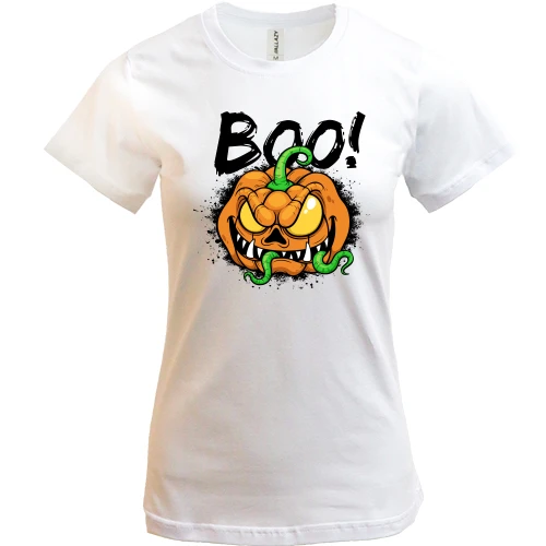 Женская футболка, Белый, с ужасной тыквой "BOO!"