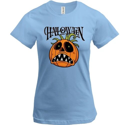 Женская футболка, Синий, с зубастой тыквой "Halloween"