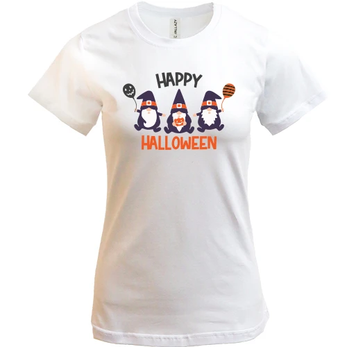 Женская футболка, Белый, с гномами "Happy Halloween"