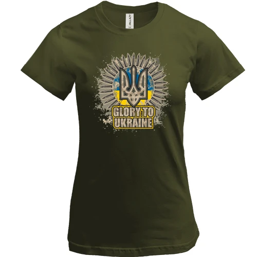 Женская футболка, Хаки, Glory to Ukraine (с патронами)