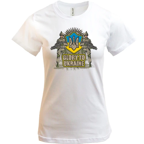 Женская футболка, Белый, Glory to Ukraine (солдаты)