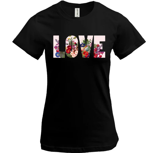 Женская футболка, Черный, с надписью "Love" из цветов (2)
