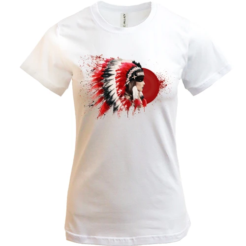 Женская футболка с индианкой на фоне красного солнца