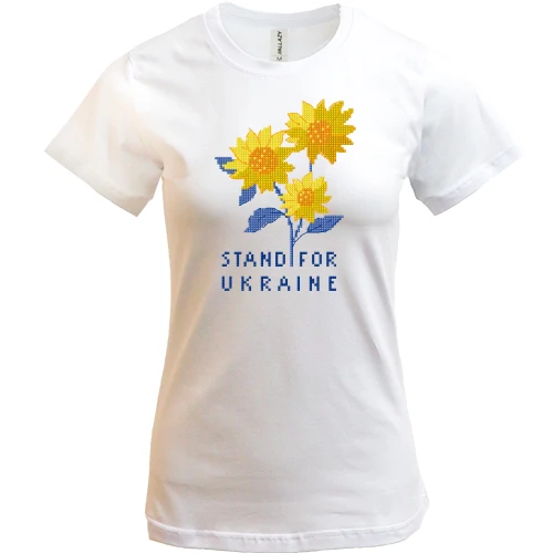 Жіноча футболка, Білий, Stand For Ukraine (піксельні квіти)