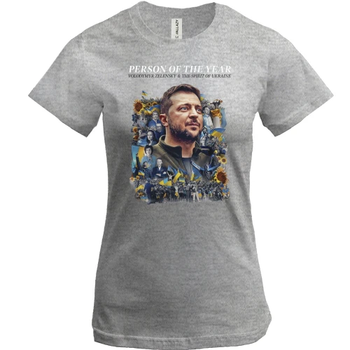 Женская футболка, Серый меланж, Volodymyr Zelensky - The Spirit of Ukraine