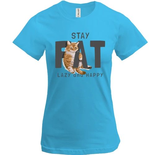 Женская футболка, Белый, с котиком "Fat Lazy and Happy"