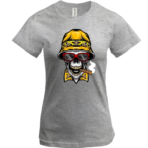 Жіноча футболка, Сірий меланж, "Скілет в окулярах та з сигарою"