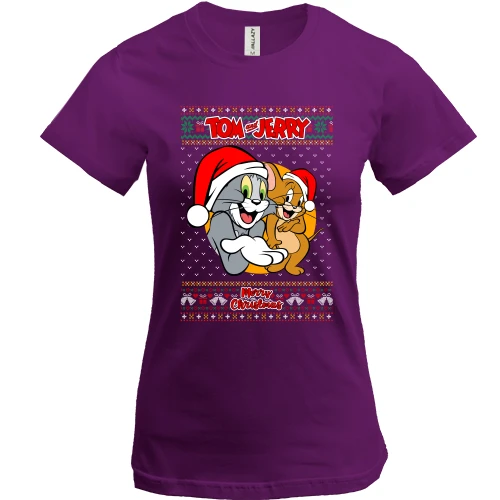 Жіноча футболка, Фіолетовий, з Томом та Джері "Merry Christmas"