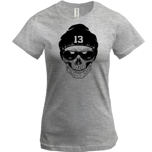 Жіноча футболка, Сірий меланж, з черепом "13"