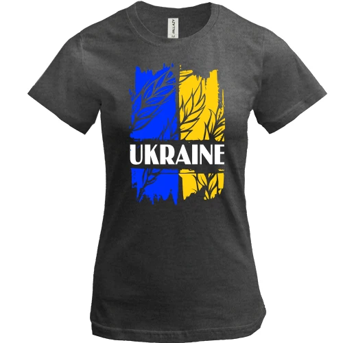 Женская футболка, Серый меланж, с надписью "Ukraine" на фоне флага